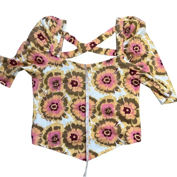 NWT Free People LARGE Give Me More Top in Ivory Combo Puff Sleeve Boho Crop Top - Picture 12 of 12